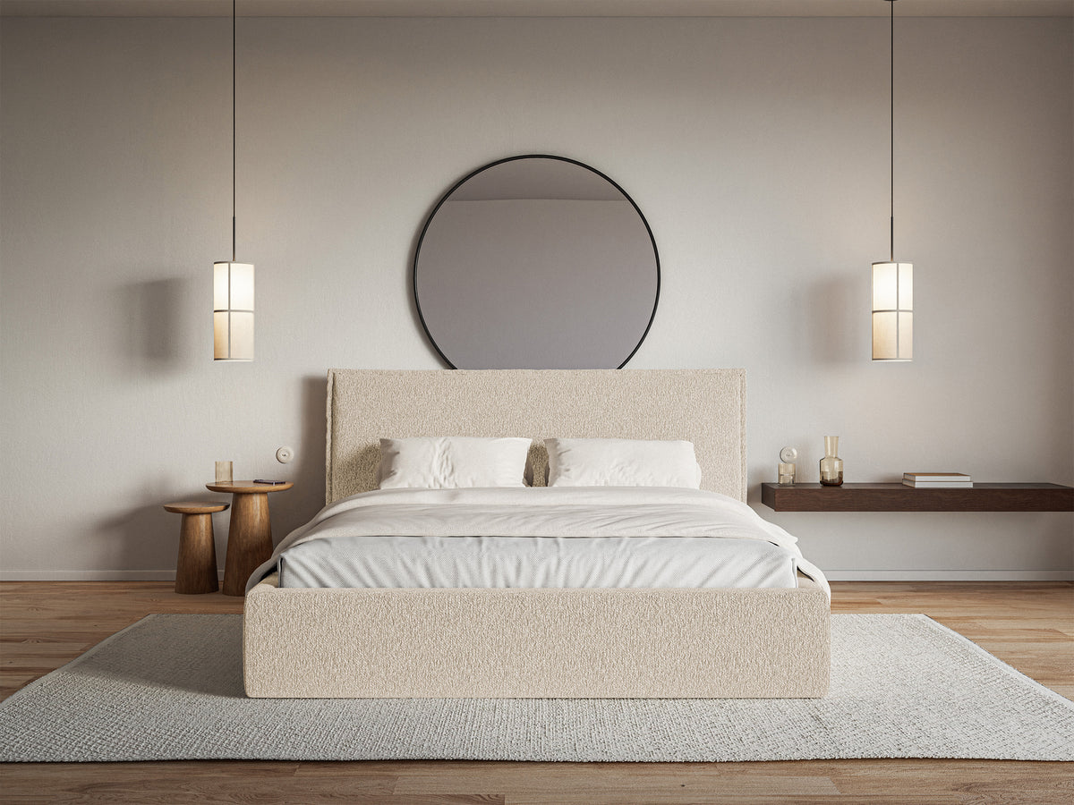 Lit tapissé 140x200 cm Softie avec rangement, velours chenille beige clair, cadre métallique