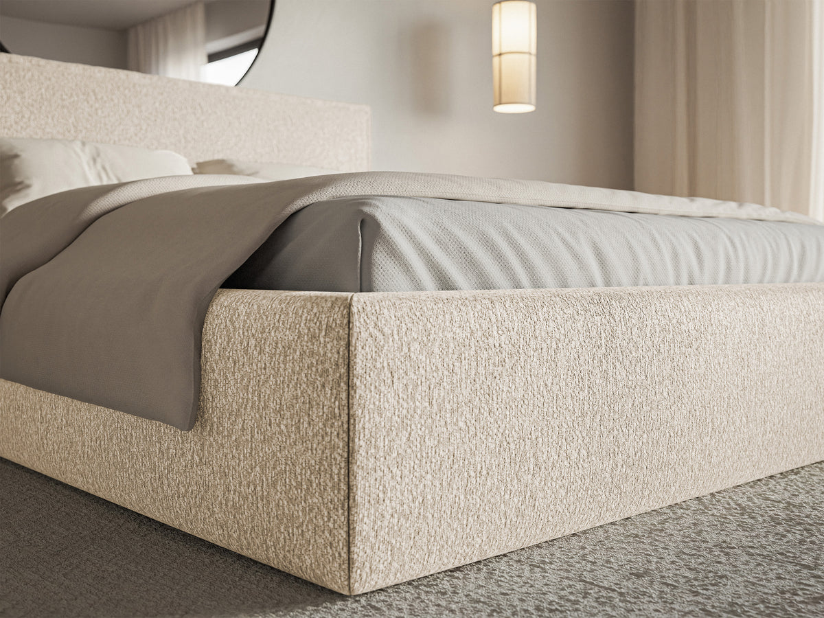 Lit tapissé 140x200 cm Softie avec rangement, velours chenille beige clair, cadre métallique