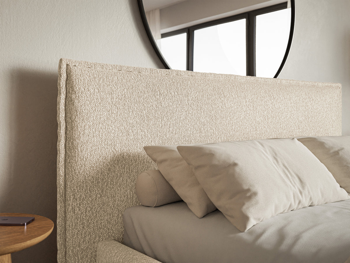 Lit tapissé 140x200 cm Softie avec rangement, velours chenille beige clair, cadre métallique