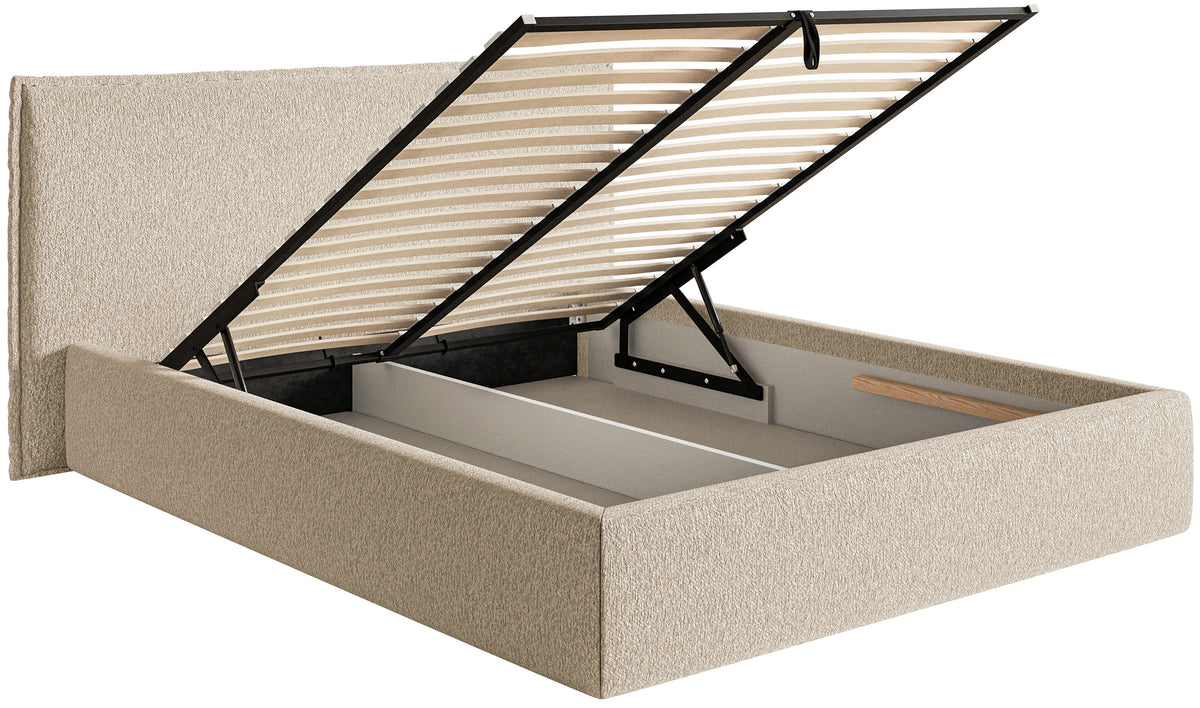 Lit tapissé 140x200 cm Softie avec rangement, velours chenille beige clair, cadre métallique