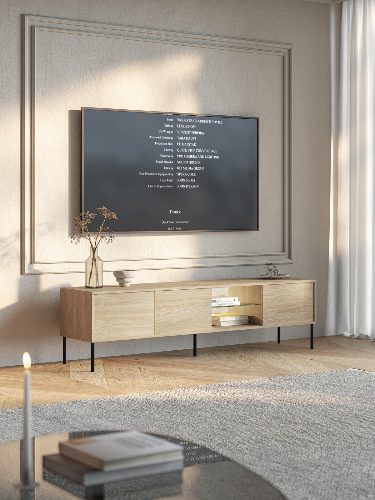 Meuble TV trois portes Modity avec étagère en verre et éclairage, 175 cm chêne sur pieds noirs