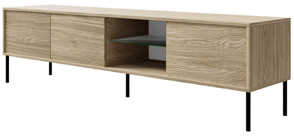 Meuble TV trois portes Modity avec étagère en verre et éclairage, 175 cm chêne sur pieds noirs