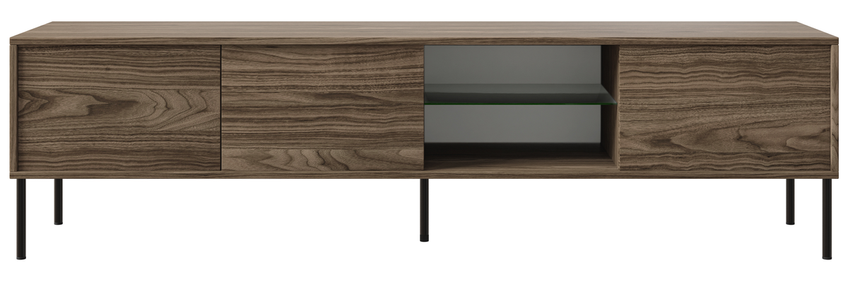 Drehtüriger TV-Schrank Modity mit Glasablage und Beleuchtung, 175 cm, Nussbaum auf schwarzen Füßen