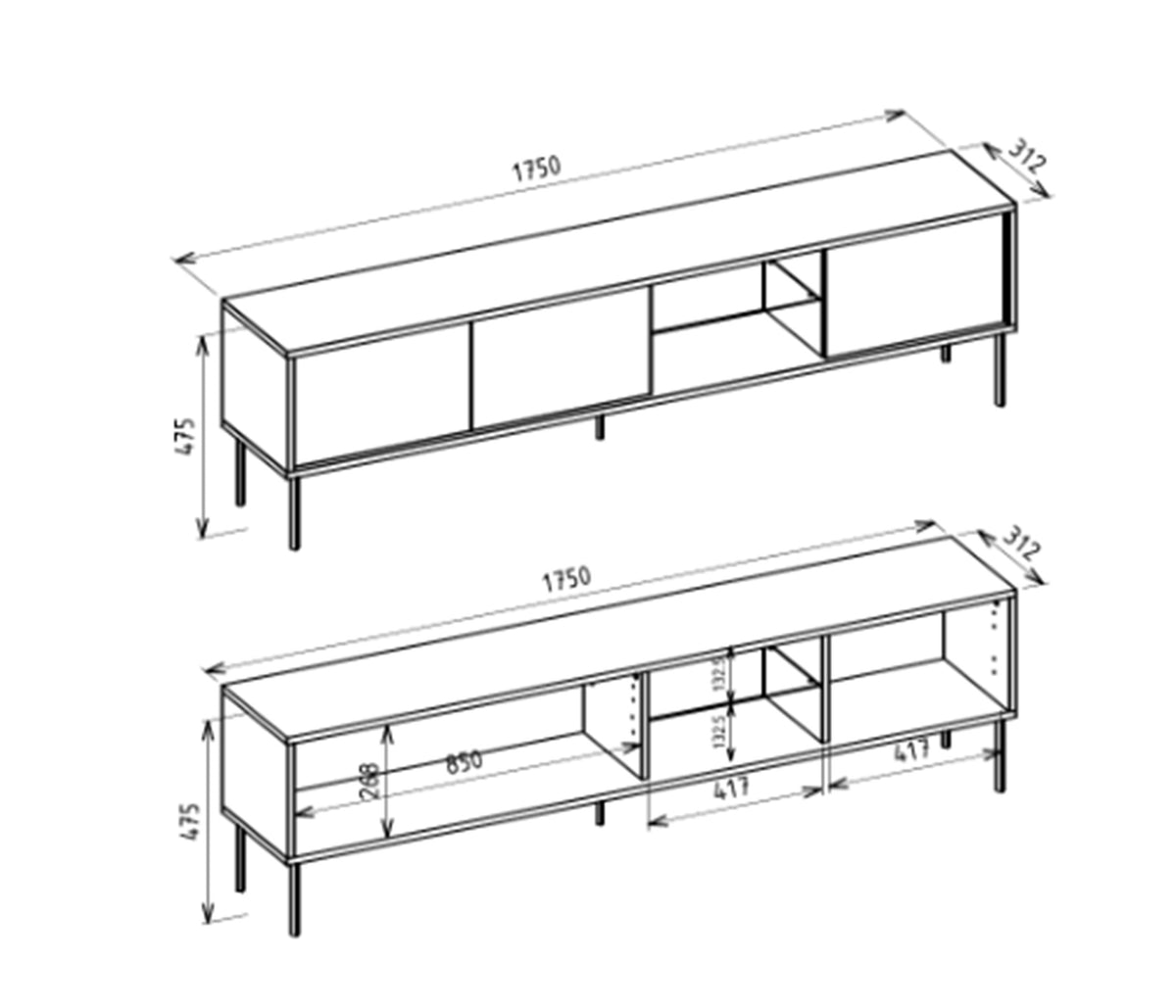Drehtüriger TV-Schrank Modity mit Glasablage und Beleuchtung, 175 cm, Nussbaum auf schwarzen Füßen