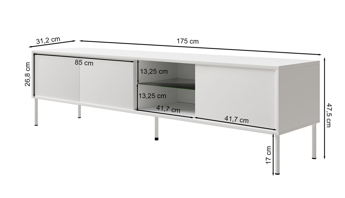 Drehtüriger TV-Schrank Modity mit Glasablage und Beleuchtung, 175 cm, Nussbaum auf schwarzen Füßen
