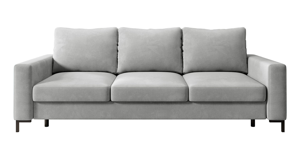 Dreisitziges ausklappbares Sofa Mokpeo mit Stauraum, hellgrauer, pflegeleichter Samtstoff