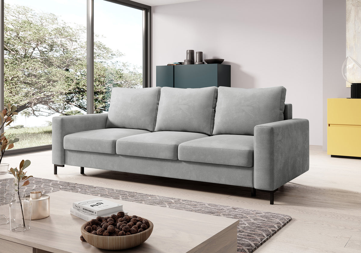 Canapé convertible 3 places Mokpeo avec rangement, velours gris clair facile d’entretien