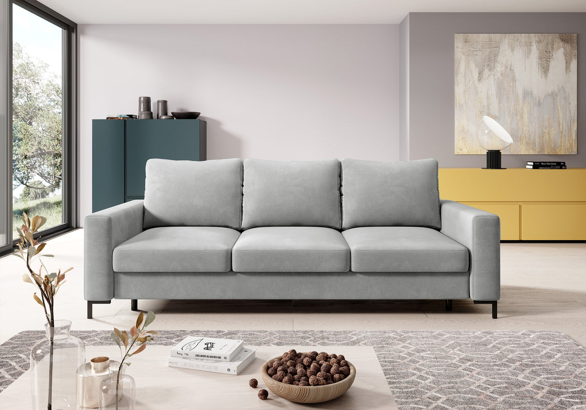 Dreisitziges ausklappbares Sofa Mokpeo mit Stauraum, hellgrauer, pflegeleichter Samtstoff