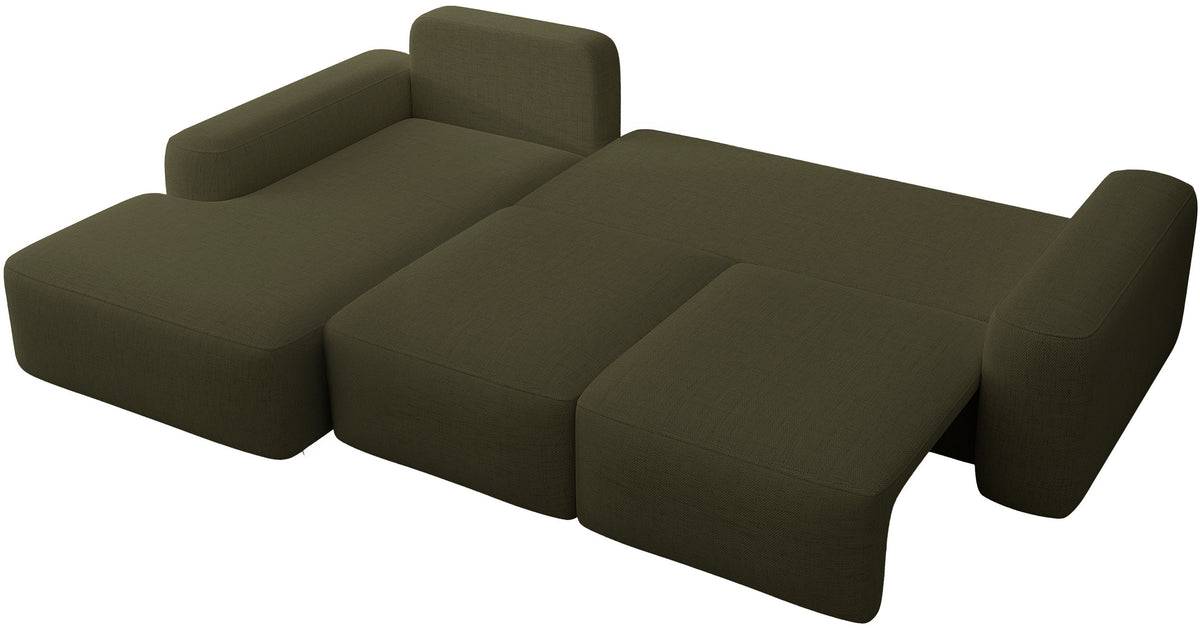 Ecksofa mit Schlaffunktion Carnos, L-förmig, mit zusätzlichen Lendenkissen, olivgrüner hydrophober Chenille-Stoff, linksseitig
