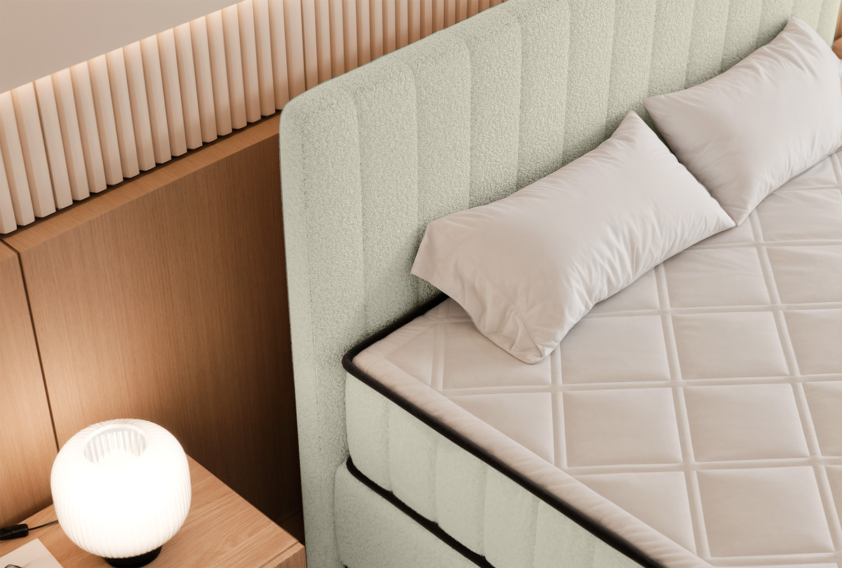 Kontinentales Bett 140x200 cm Mufasso mit Stauraum cremefarbenes Bouclé