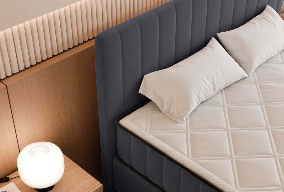 Kontinentales Bett 140x200 cm Mufasso mit Stauraum, grauer Velours, wasserabweisend