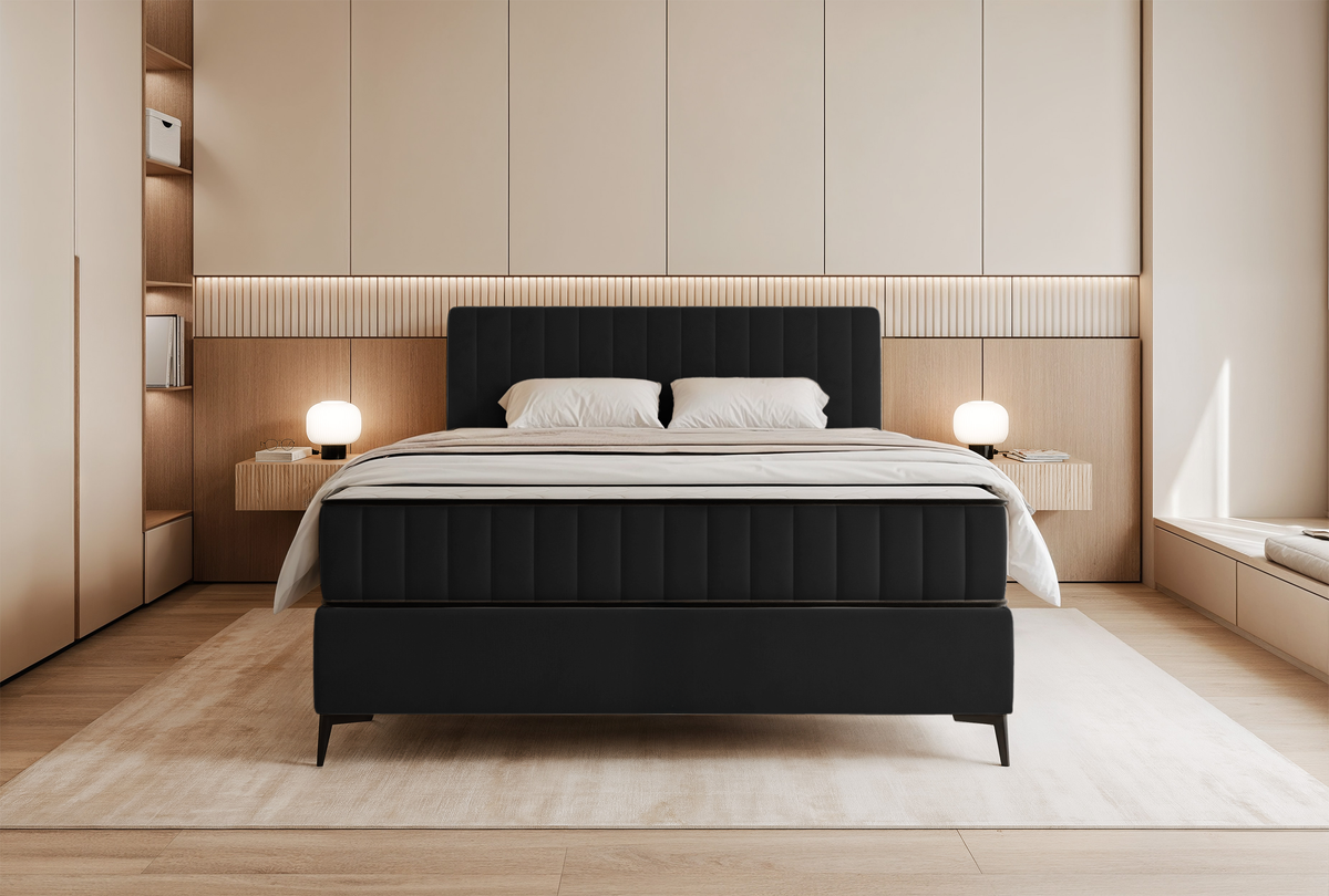Lit continental 140x200 cm Mufasso avec rangement, velours hydrofuge noir