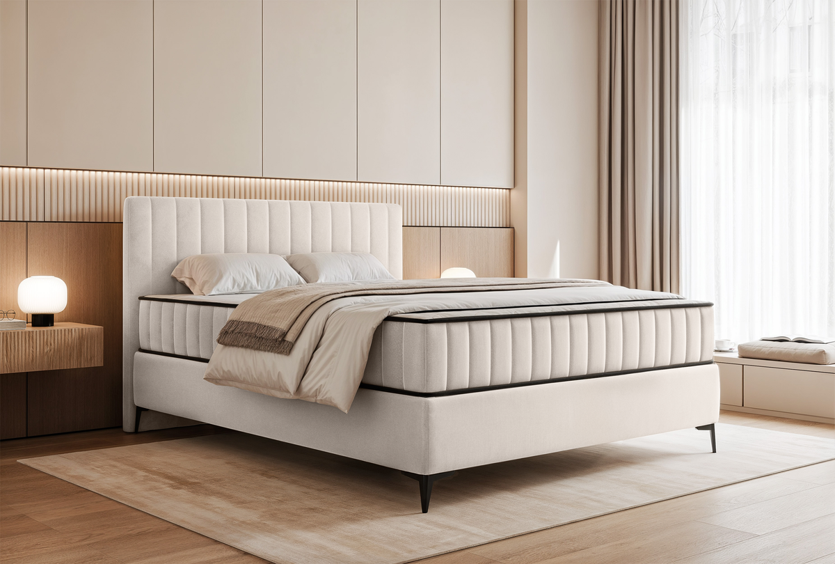 Lit continental 140x200 cm Mufasso avec rangement velours hydrofuge crème