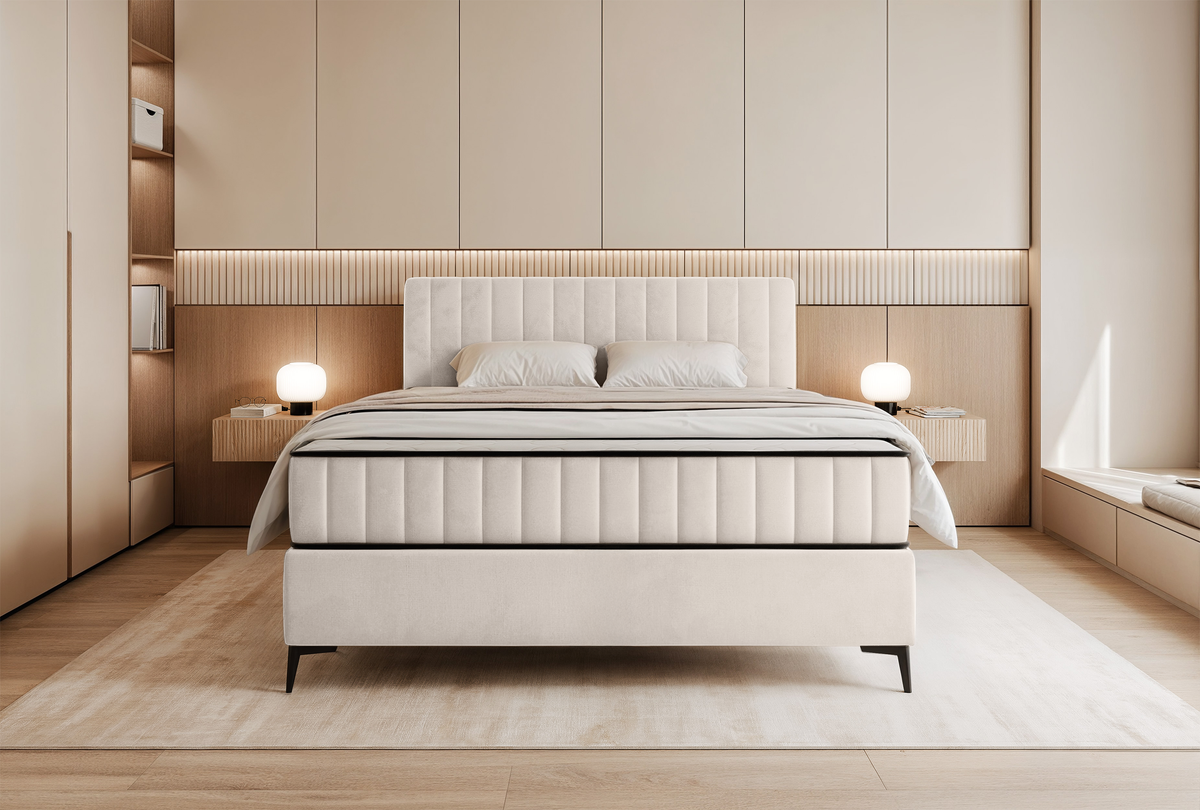 Lit continental 140x200 cm Mufasso avec rangement velours hydrofuge crème