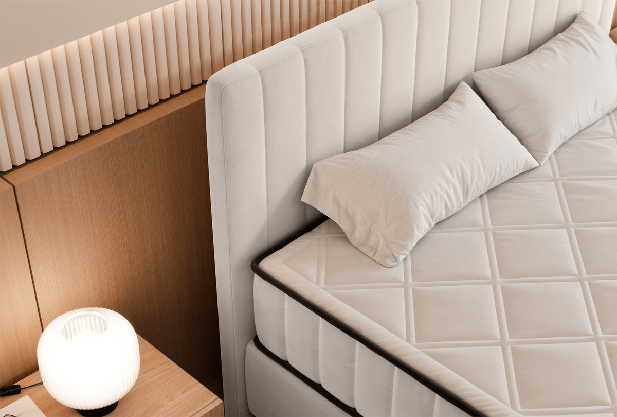 Lit continental 140x200 cm Mufasso avec rangement velours hydrofuge crème