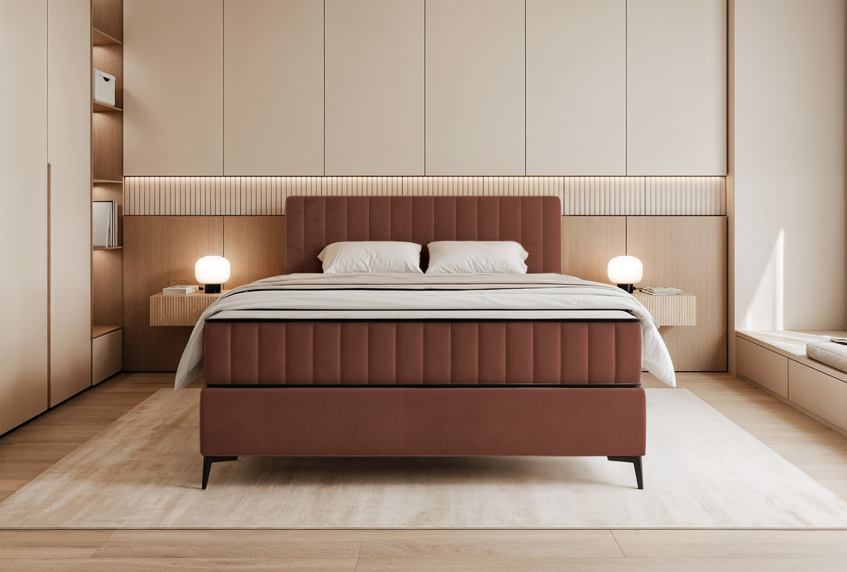 Lit continental 140x200 cm Mufasso avec rangement, velours hydrofuge cuivre