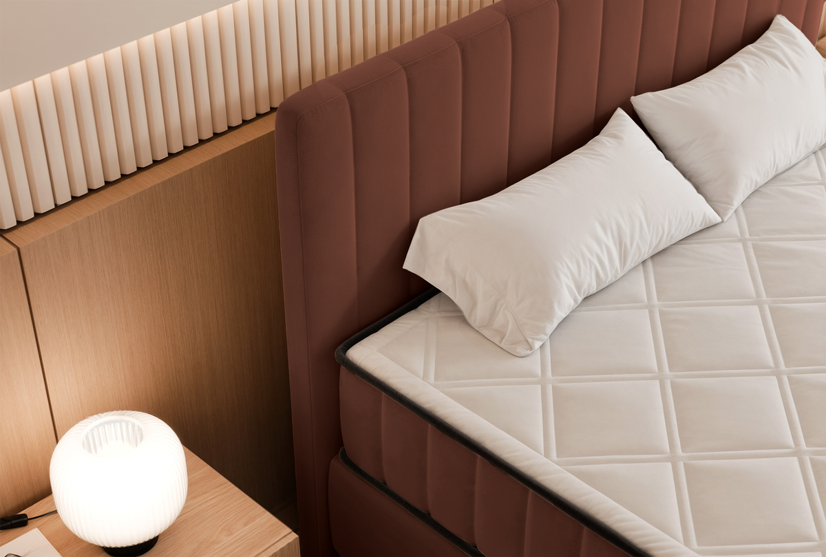 Lit continental 140x200 cm Mufasso avec rangement, velours hydrofuge cuivre