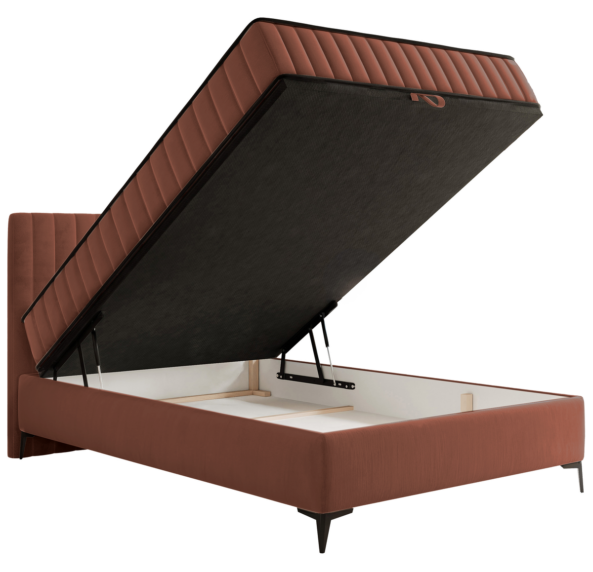 Lit continental 140x200 cm Mufasso avec rangement, velours hydrofuge cuivre