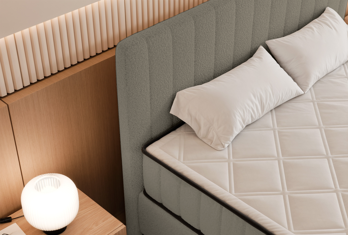Lit continental 140x200 cm Mufasso avec rangement, boucle beige foncé