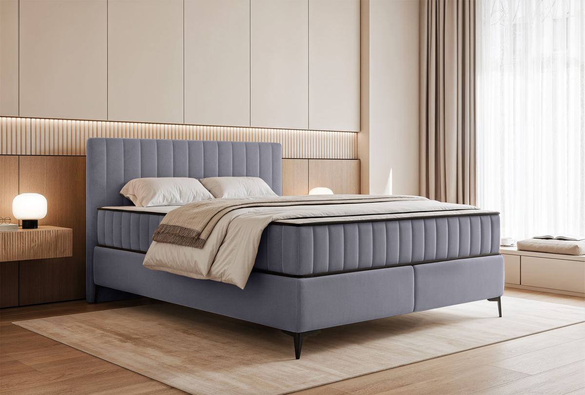 Lit continental 180x200 cm Mufasso avec rangement, velours hydrofuge gris clair