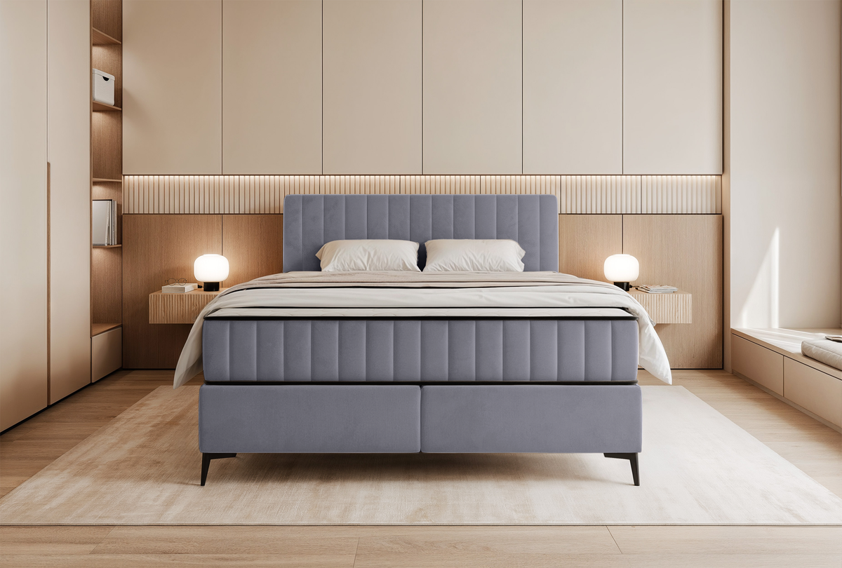 Lit continental 180x200 cm Mufasso avec rangement, velours hydrofuge gris clair