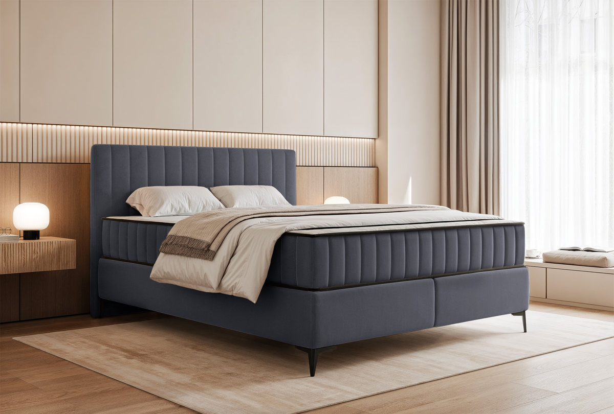 Kontinentales Bett 180x200 cm Mufasso mit Stauraum, grauer Velours, wasserabweisend
