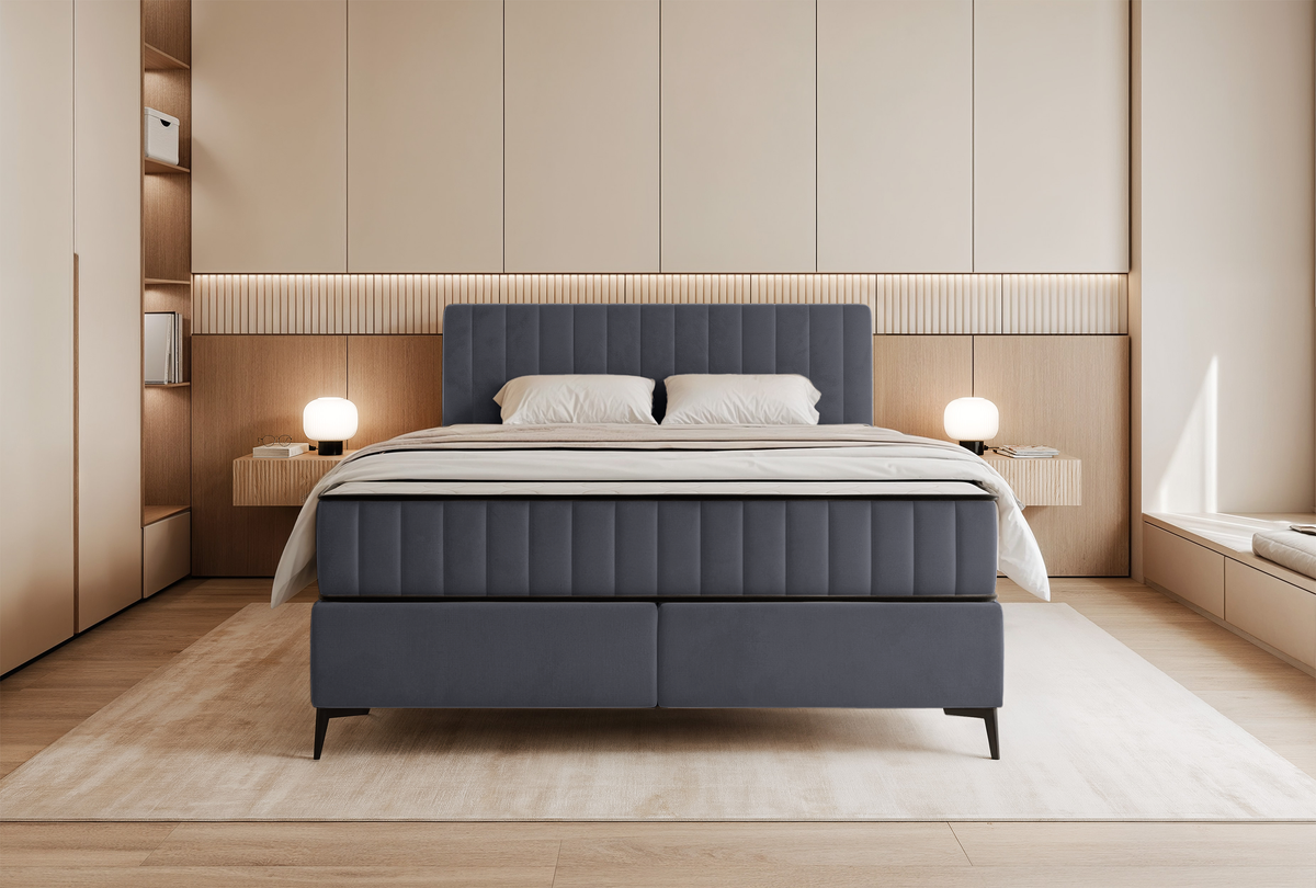 Lit continental 160x200 cm Mufasso avec rangement, velours hydrofuge gris