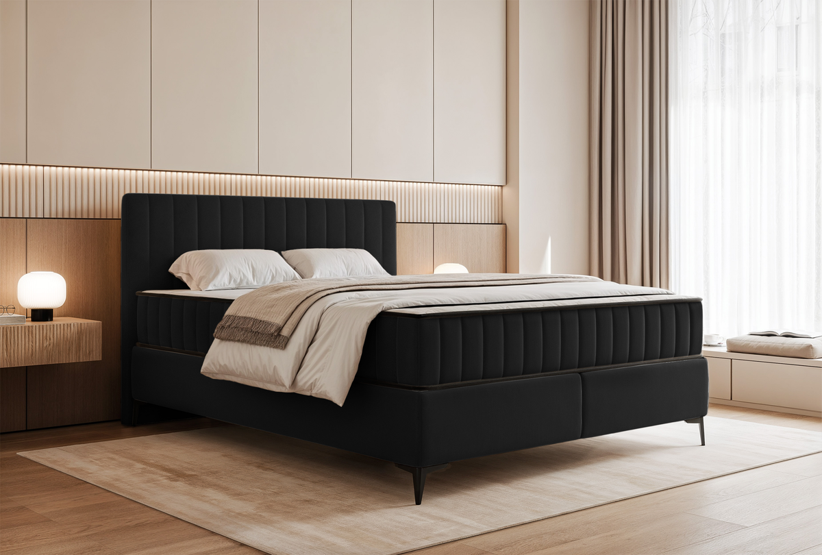 Lit continental 180x200 cm Mufasso avec rangement, velours hydrofuge noir