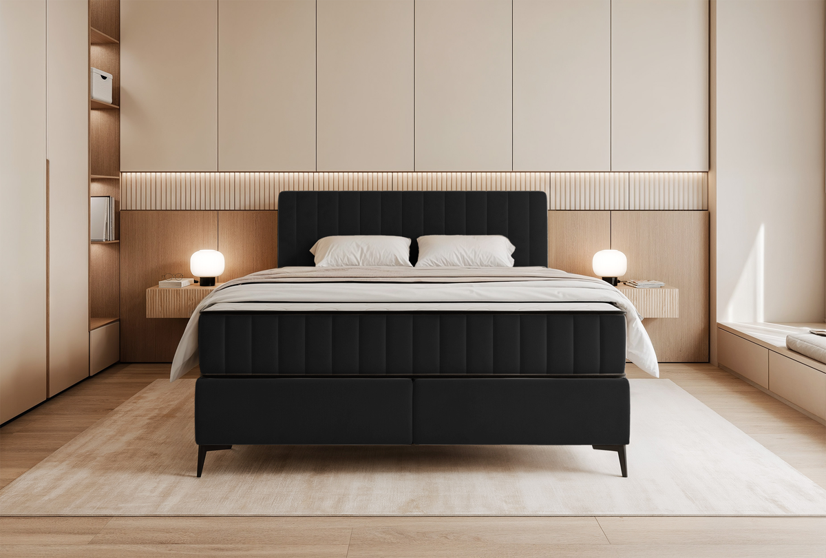Lit continental 160x200 cm Mufasso avec rangement, velours hydrofuge noir