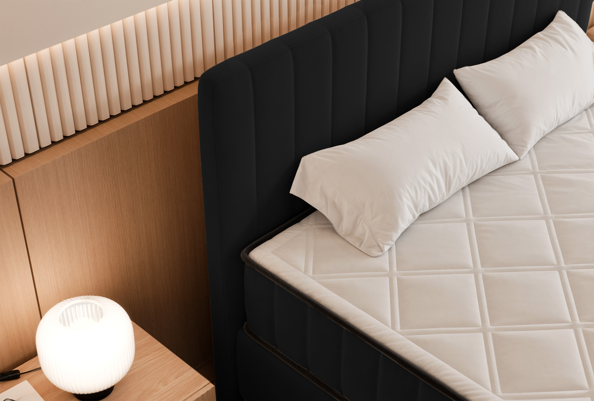 Lit continental 180x200 cm Mufasso avec rangement, velours hydrofuge noir