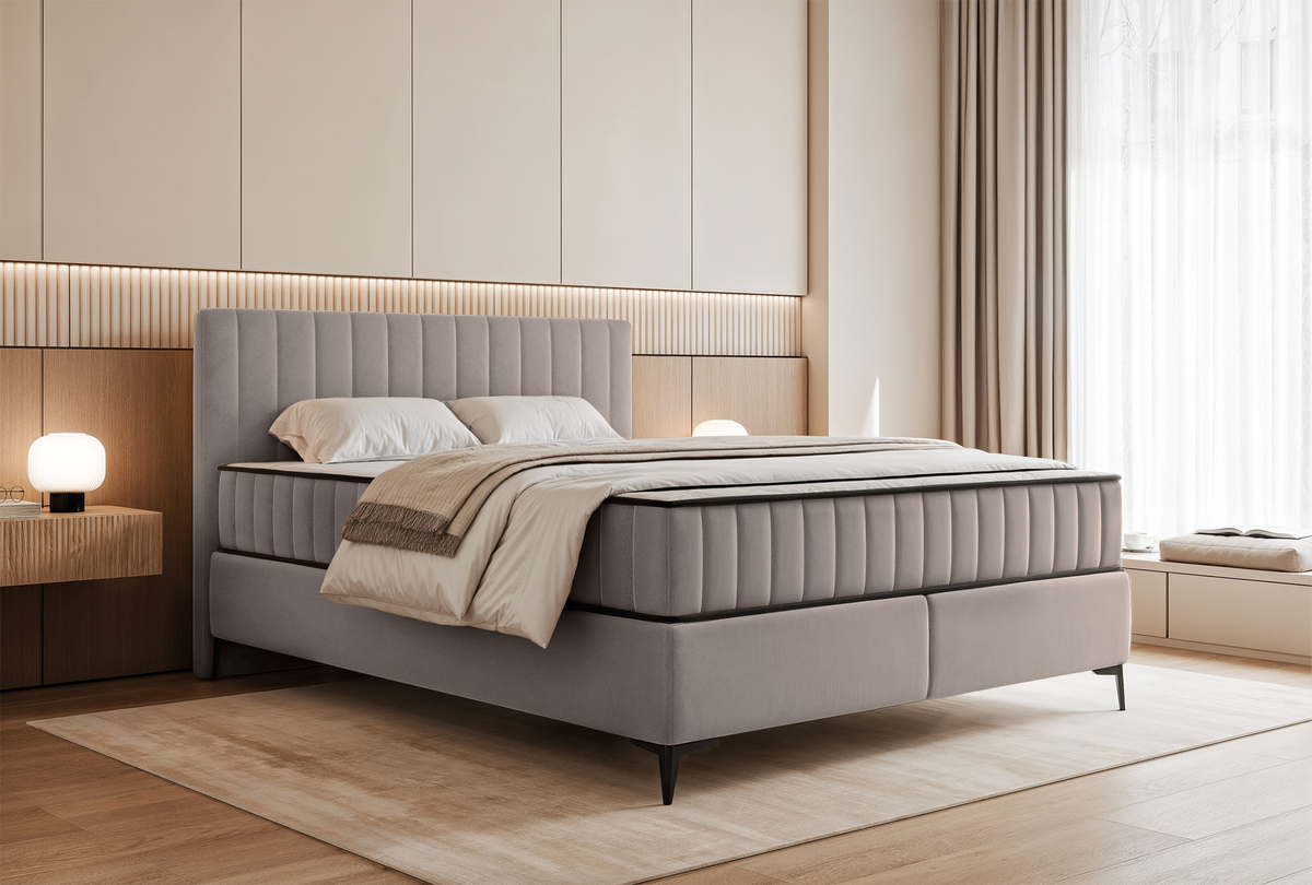 Kontinentalbett 180x200 cm Mufasso mit Stauraum, grau-beiger wasserabweisender Samt