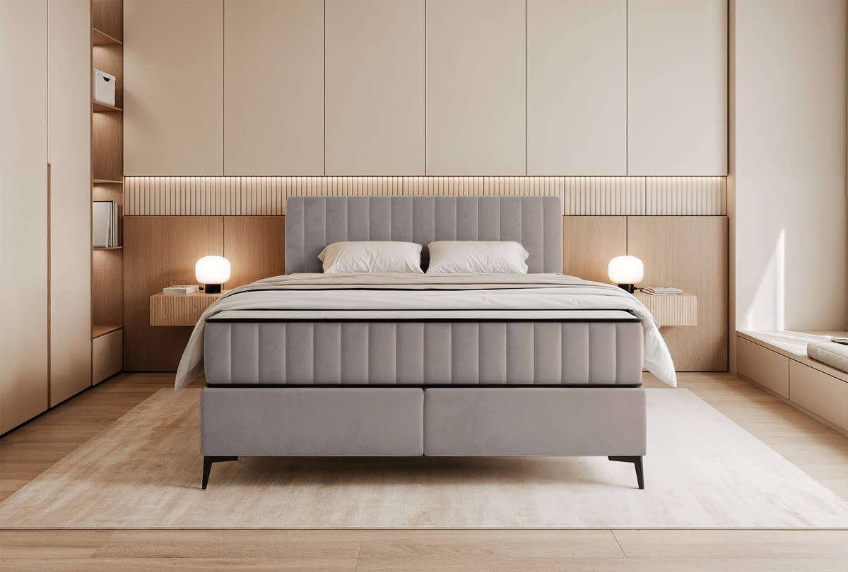 Lit continental 160x200 cm Mufasso avec rangement, velours hydrofuge gris-beige