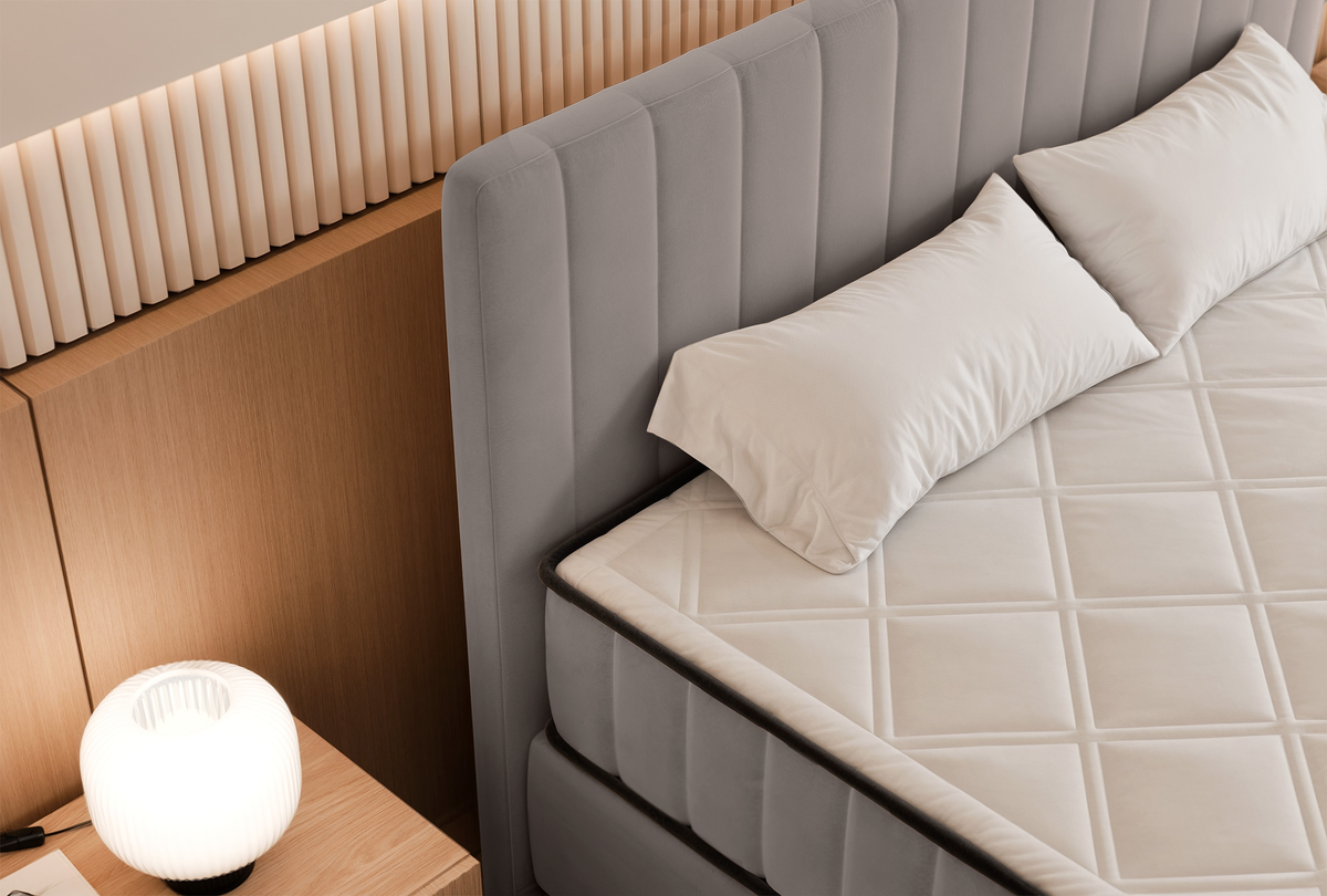 Lit continental 160x200 cm Mufasso avec rangement, velours hydrofuge gris-beige