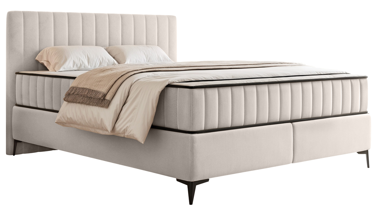 Lit continental 160x200 cm Mufasso avec rangement, velours hydrofuge beige clair