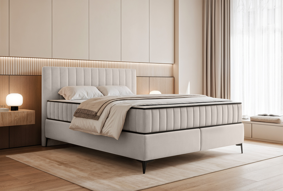 Lit continental 160x200 cm Mufasso avec rangement, velours hydrofuge beige clair