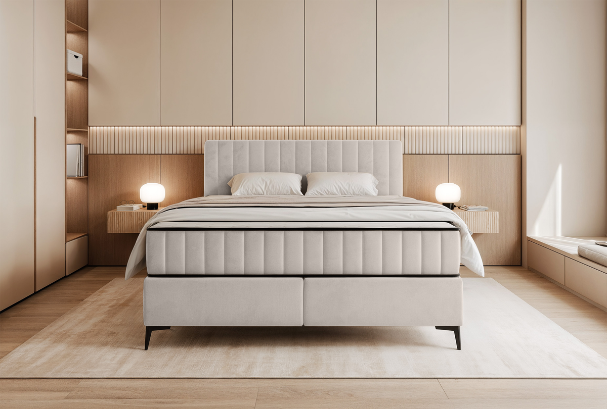 Lit continental 160x200 cm Mufasso avec rangement, velours hydrofuge beige clair