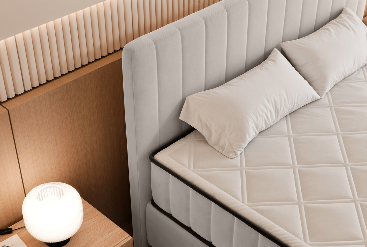 Lit continental 180x200 cm Mufasso avec rangement velours hydrofuge beige clair