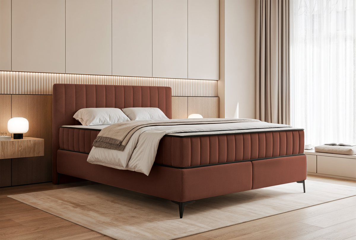 Lit continental 160x200 cm Mufasso avec rangement velours hydrofuge cuivre