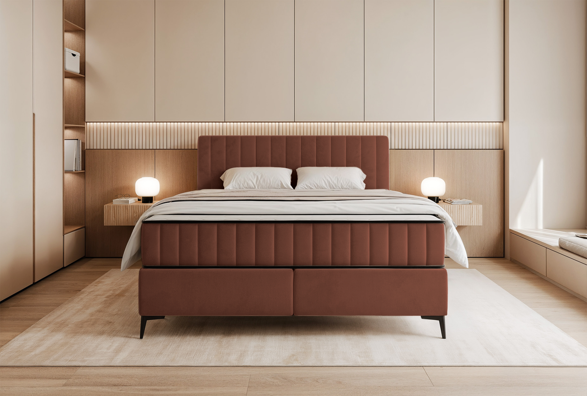 Lit continental 180x200 cm Mufasso avec rangement, velours hydrofuge cuivre