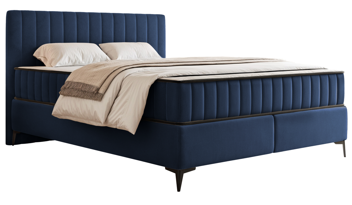Lit continental 180x200 cm Mufasso avec rangement, velours hydrofuge bleu marine