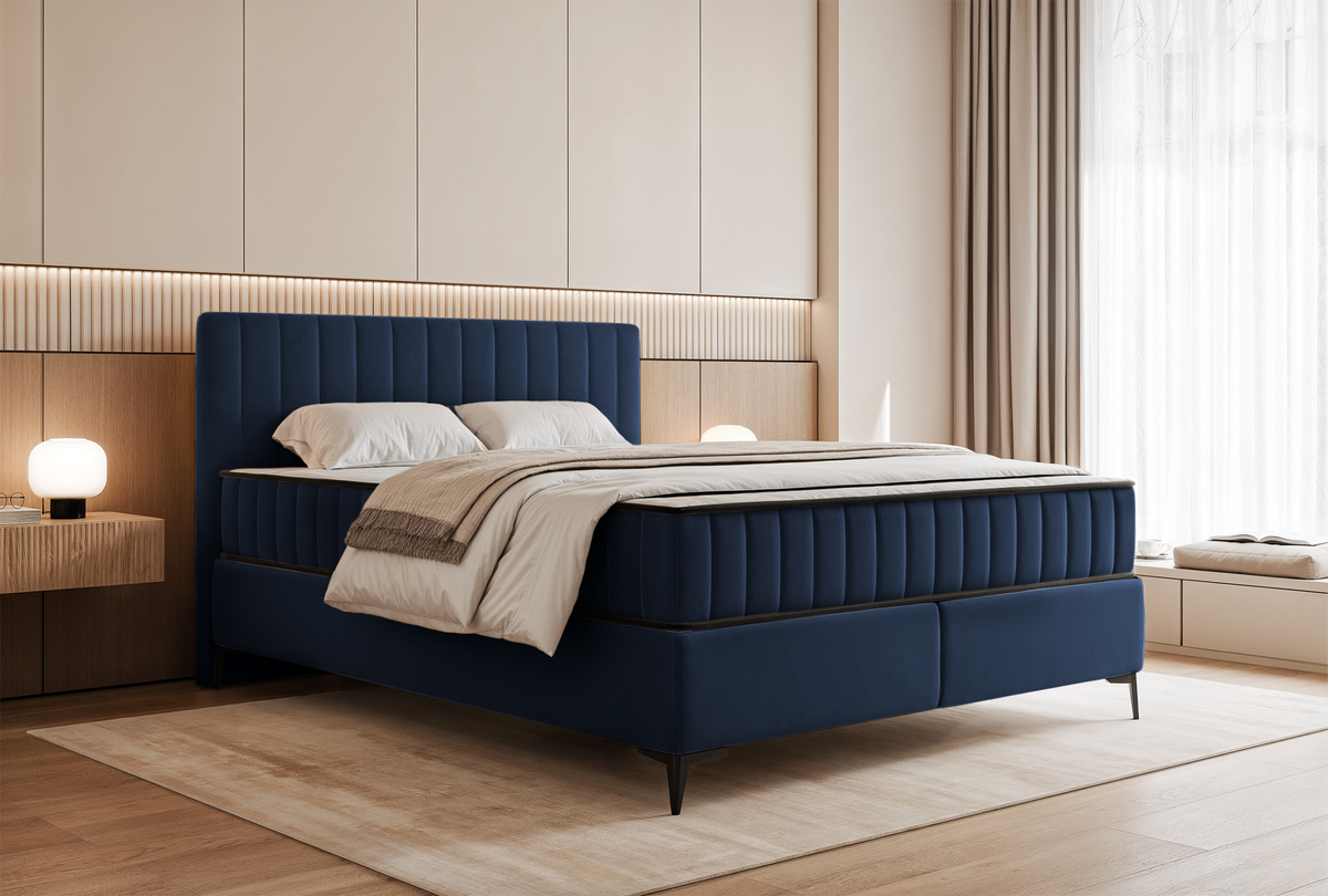 Lit continental 180x200 cm Mufasso avec rangement, velours hydrofuge bleu marine