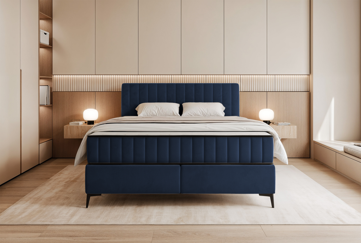 Lit continental 180x200 cm Mufasso avec rangement, velours hydrofuge bleu marine