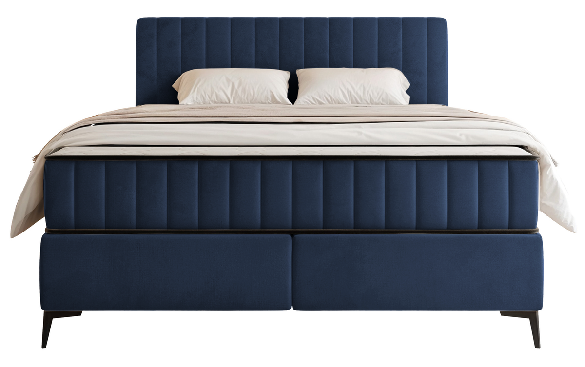 Lit continental 180x200 cm Mufasso avec rangement, velours hydrofuge bleu marine
