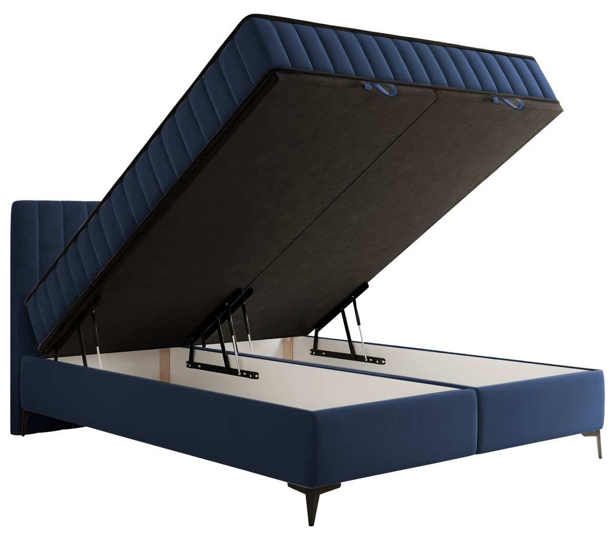 Lit continental 180x200 cm Mufasso avec rangement, velours hydrofuge bleu marine