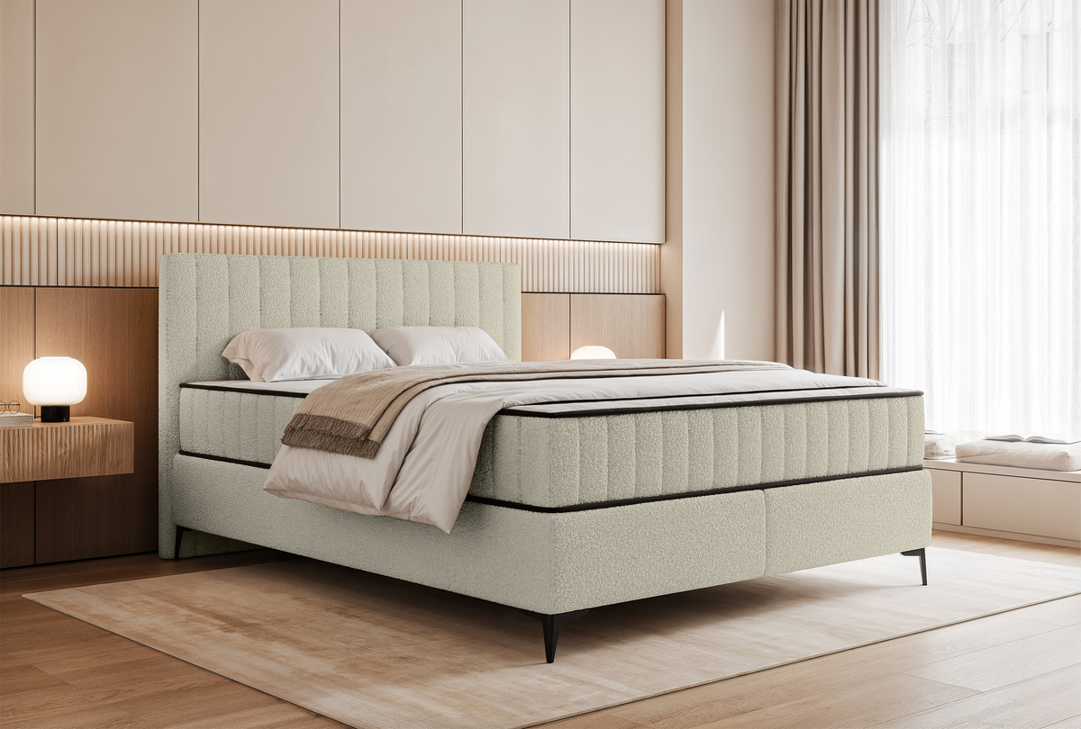 Lit continental 160x200 cm Mufasso avec rangement, bouclé beige clair