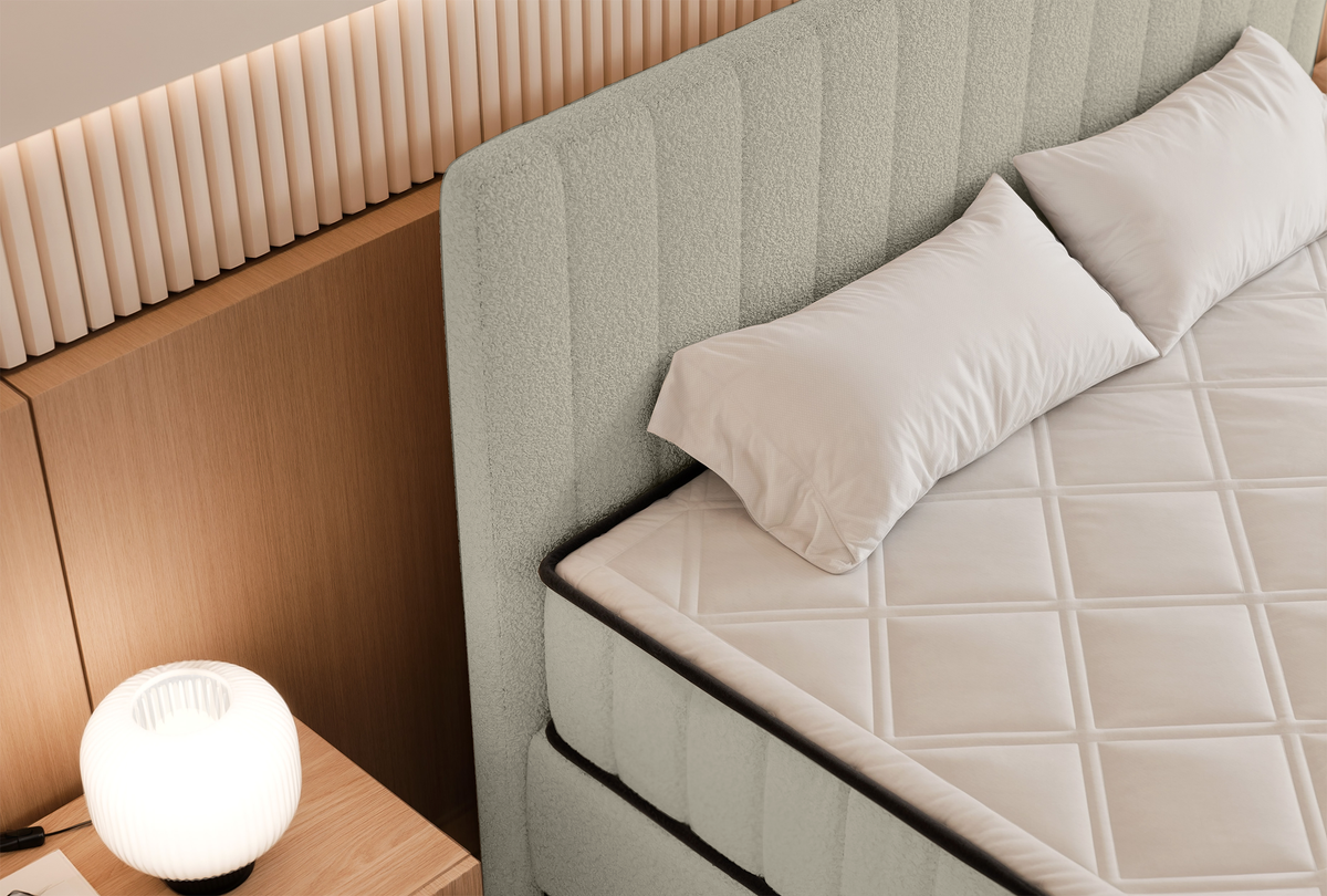 Lit continental 160x200 cm Mufasso avec rangement, bouclé beige clair