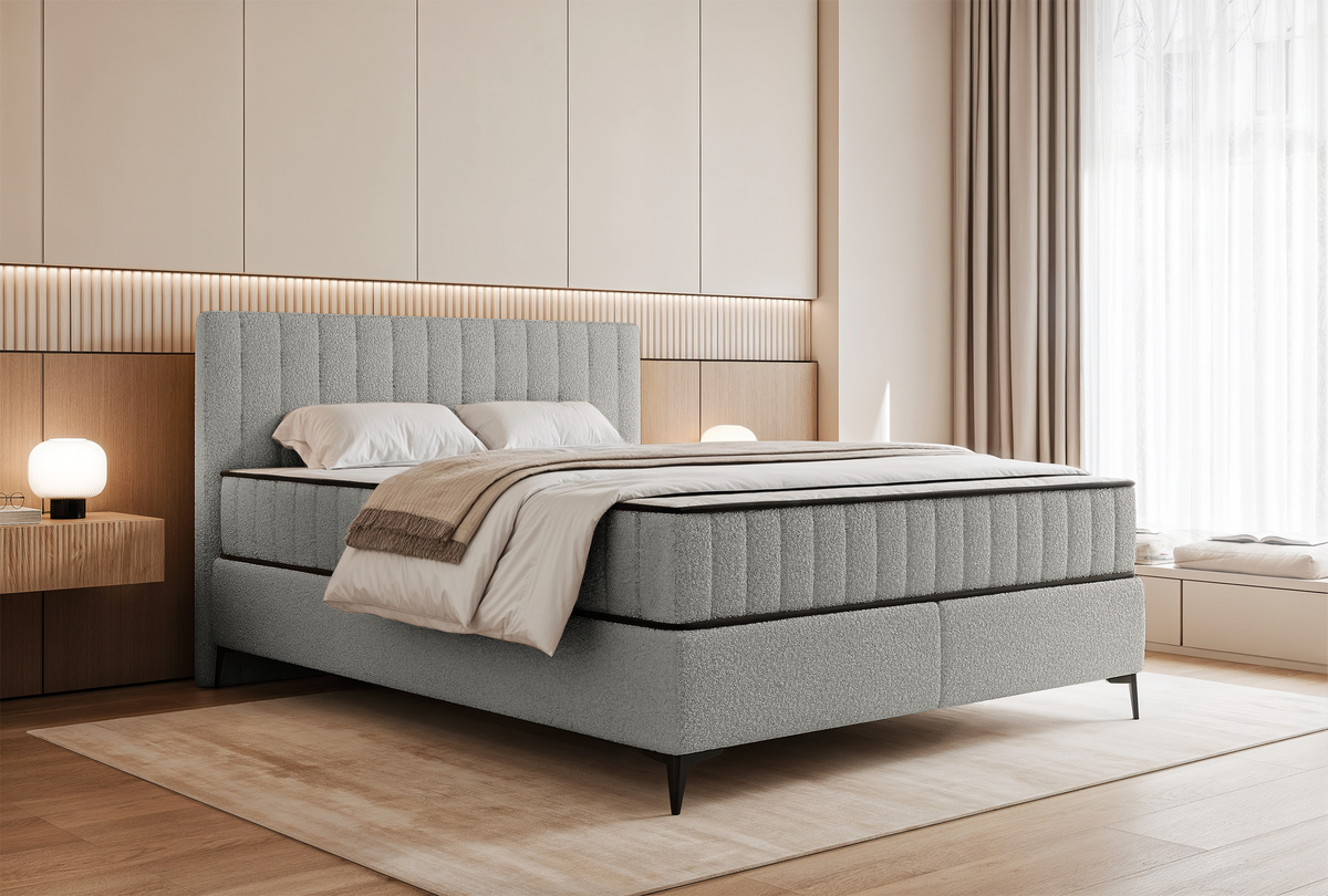 Lit continental 180x200 cm Mufasso avec rangement, bouclé gris clair