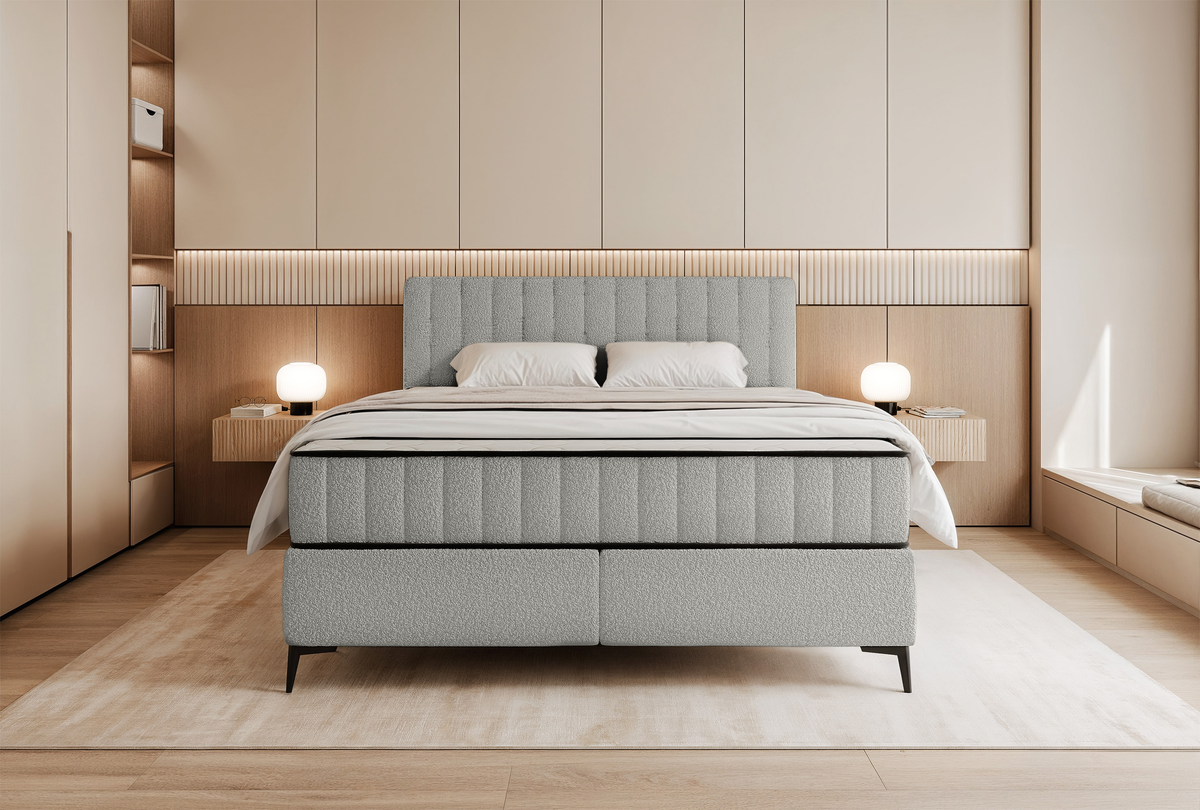 Lit continental 180x200 cm Mufasso avec rangement, bouclé gris clair