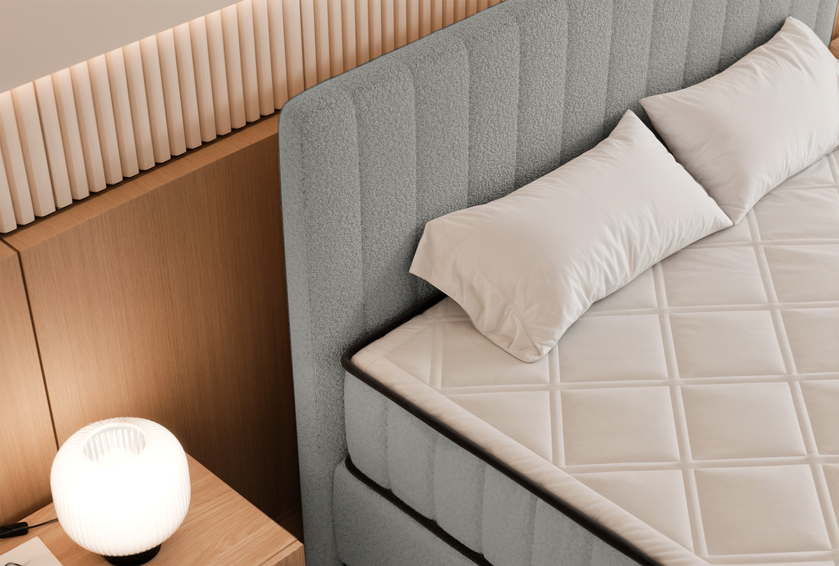 Lit continental 180x200 cm Mufasso avec rangement, bouclé gris clair