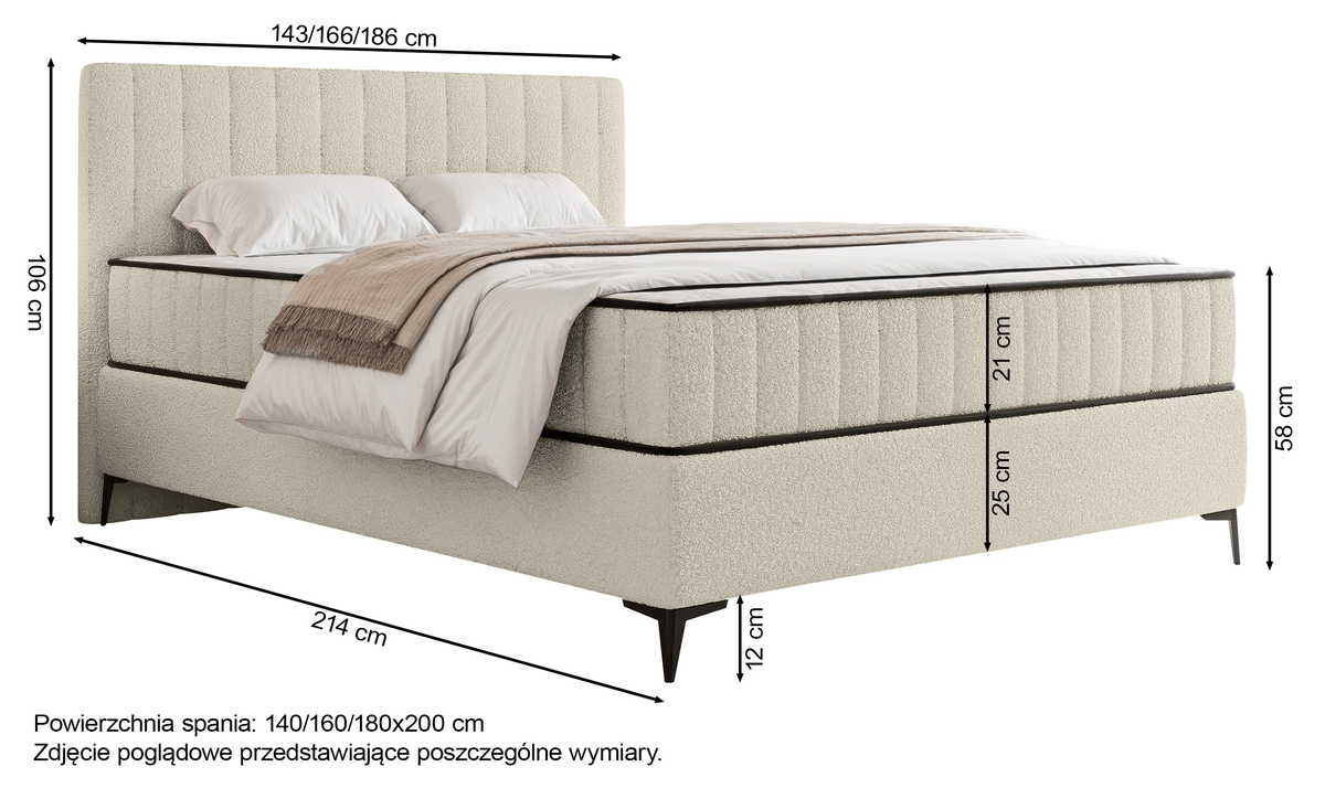 Kontinentales Bett 160x200 cm Mufasso mit Stauraum, cremefarbenes Bouclé
